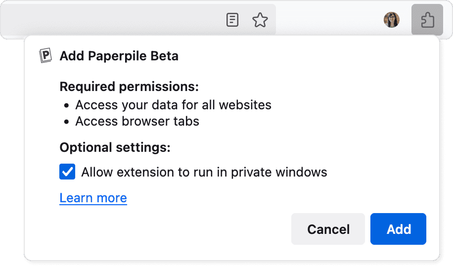 Firefox’s “Add Paperpile Beta” dialog listing required permissions — access your data for all websites and access browser tabs — and a ticked option to allow the extension in private windows, with Cancel and Add buttons.